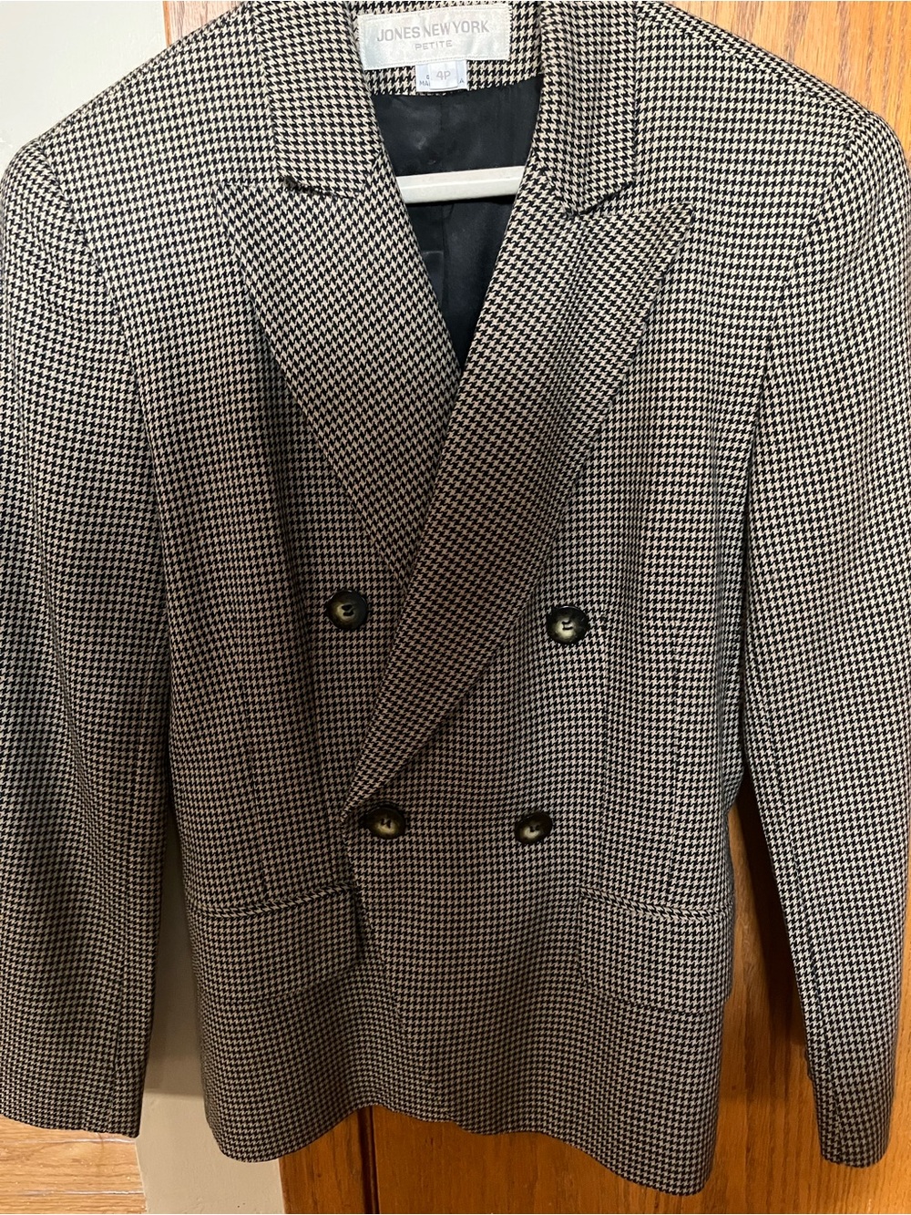 Jones New York Black & Tan Houndstooth Double-Breasted Blazer